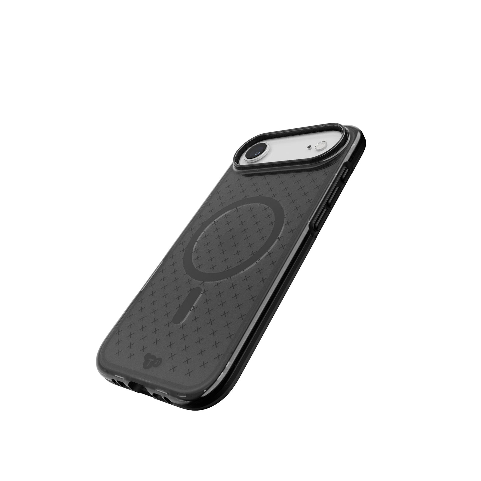 Tilted three-quarter tilted view of back of phone case with phone inside#color_smokey-black