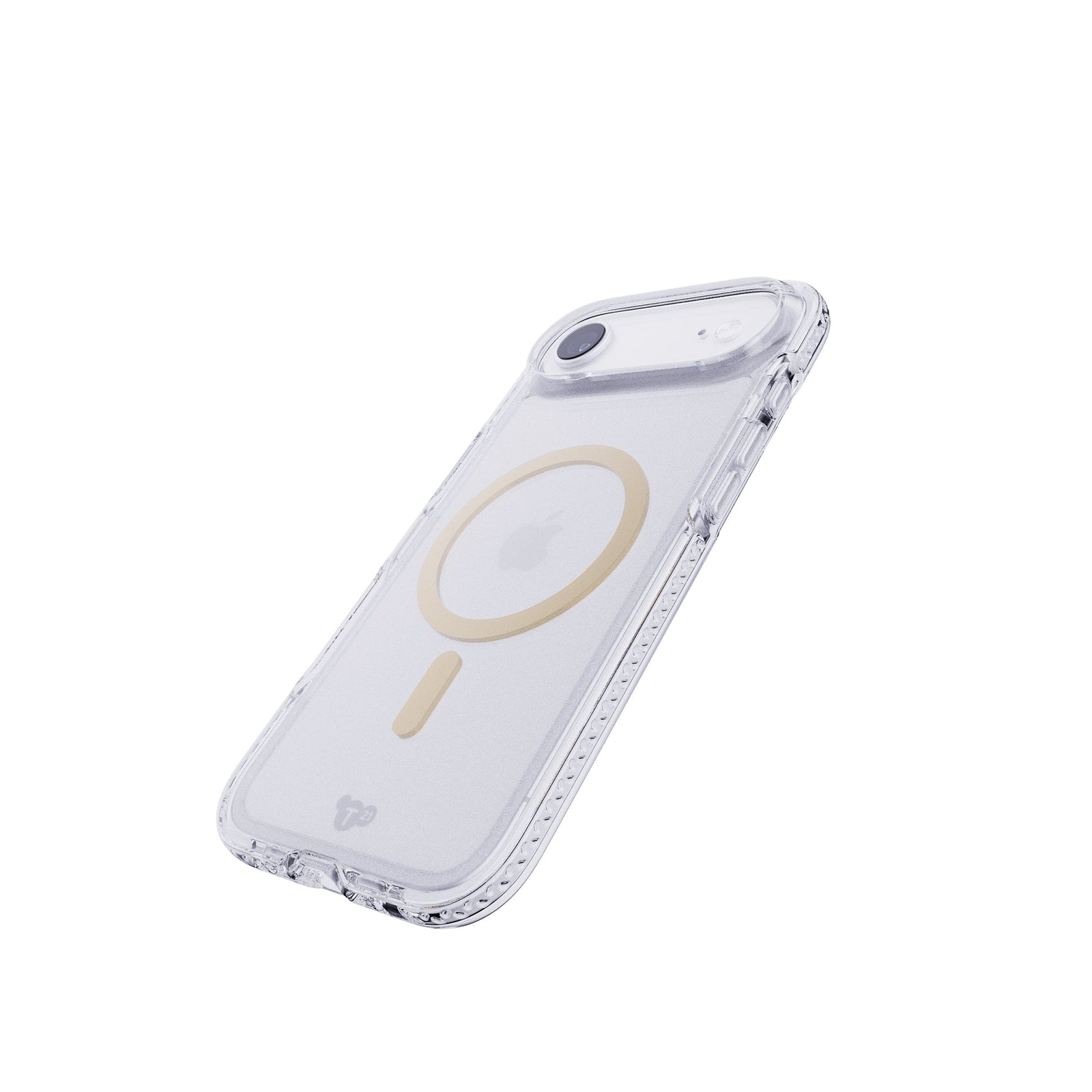 Tilted three-quarter tilted view of back of phone case with phone inside#color_metallic-gold
