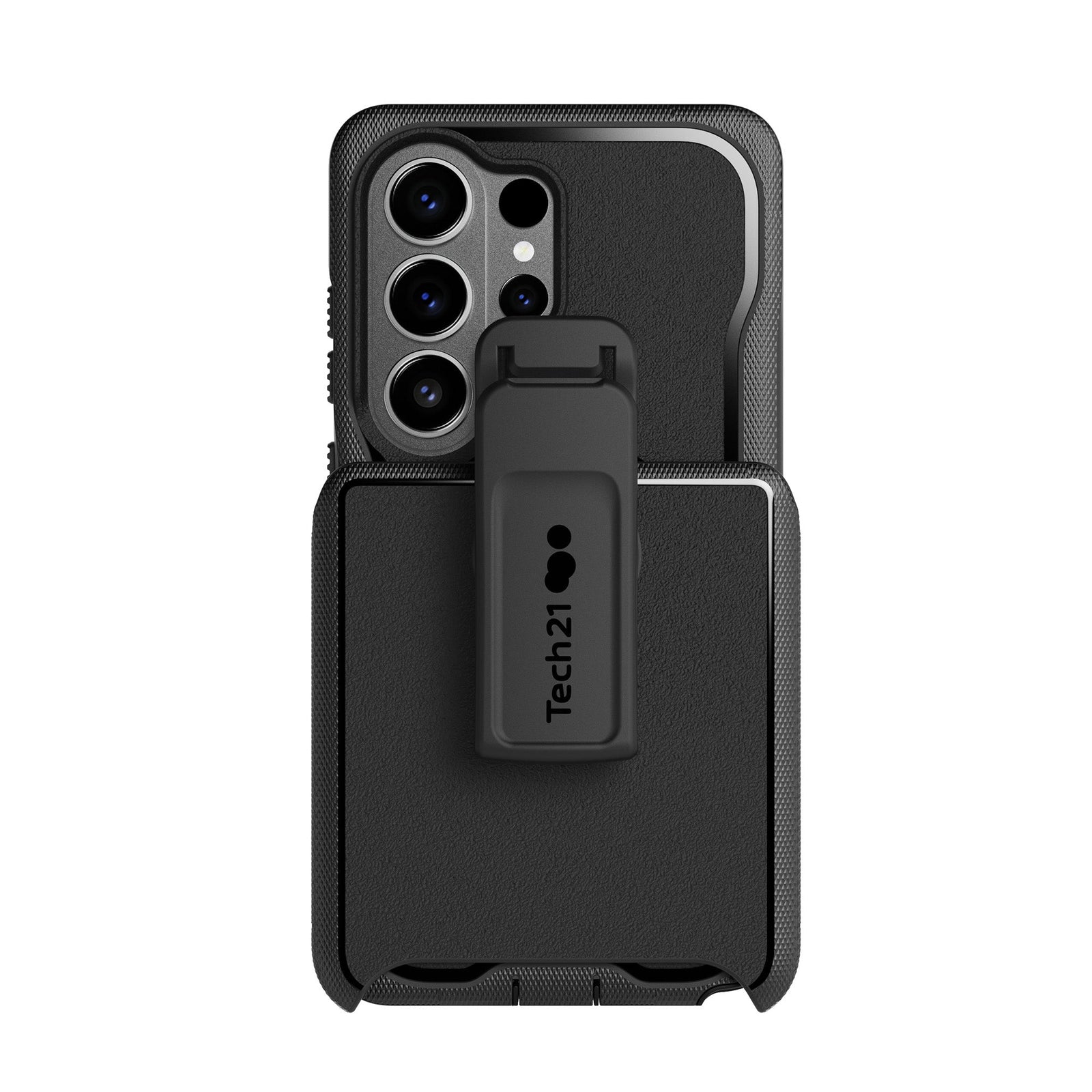 View of the back of the phone case in holster from straight on#color_black