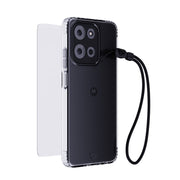 Three-quarter view of back of phone case with phone inside, screen protector hovering above screen in background, and black wrist lanyard hovering in front#color_clear