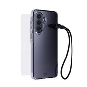 Three-quarter view of back of phone case with phone inside, screen protector hovering above screen in background, and black wrist lanyard hovering in front#color_clear