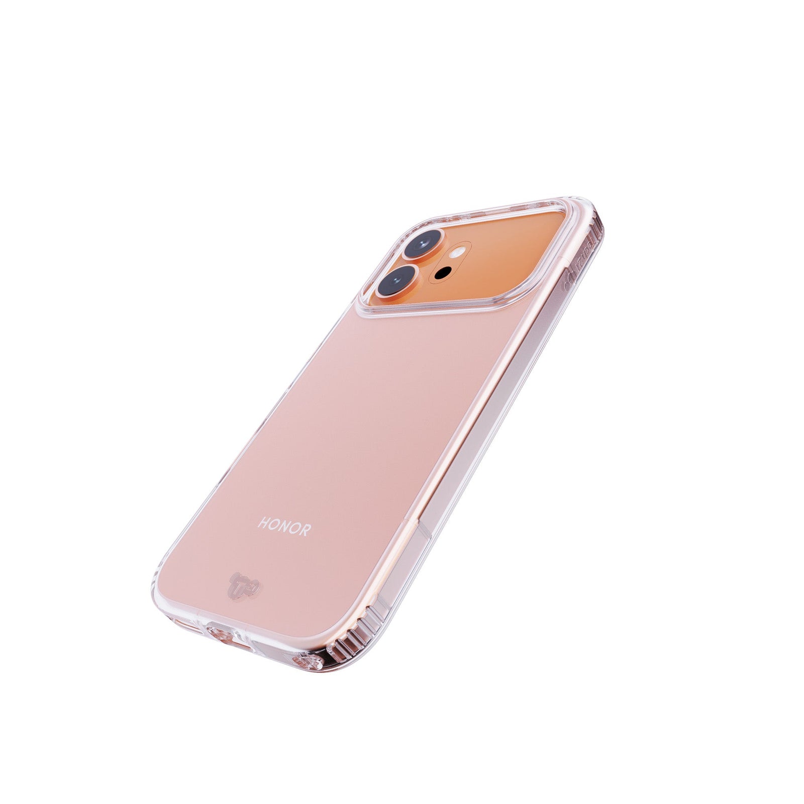 Tilted three-quarter tilted view of back of phone case with phone inside#color_clear