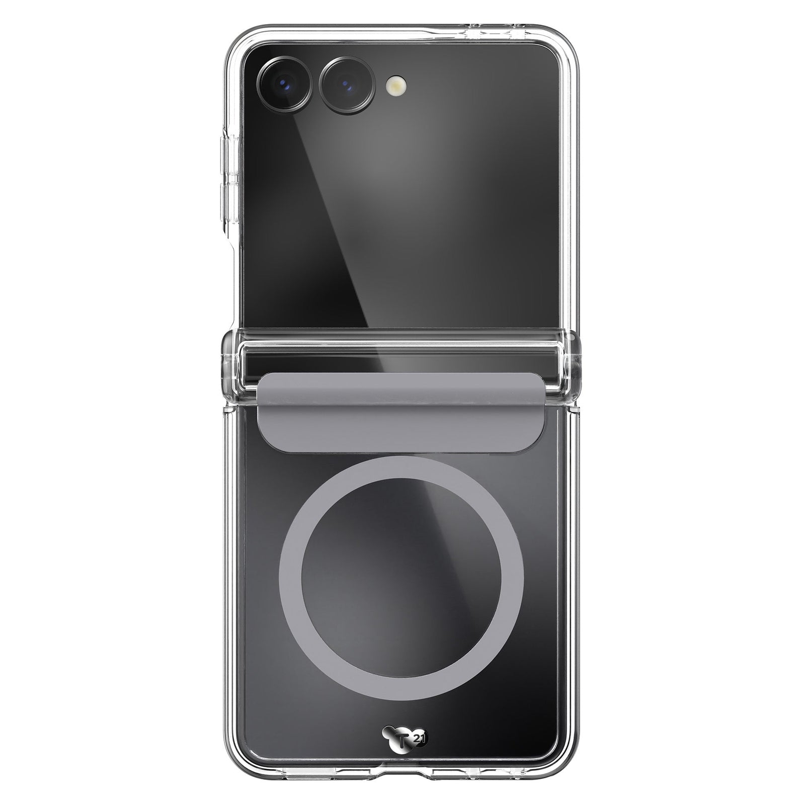 View of the back of the phone case from straight on with phone inside#color_clear