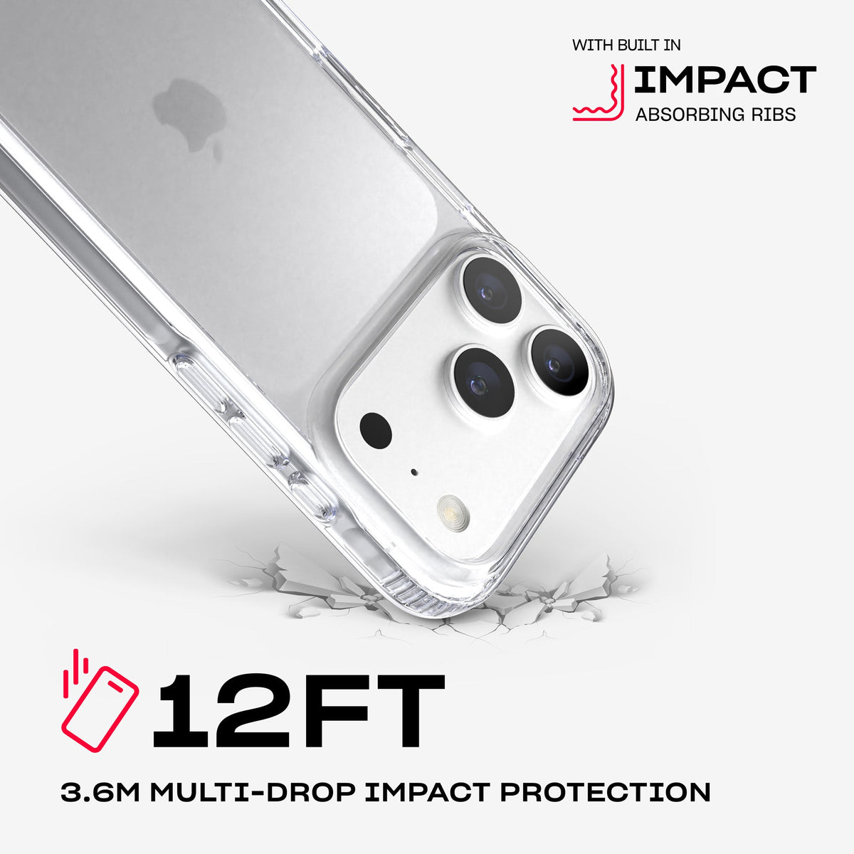 A corner of the case impacts the ground. Text reads 12-foot (3.6 meter) Multi-Drop Impact Protection with built in impact absorbing ribs#color_clear