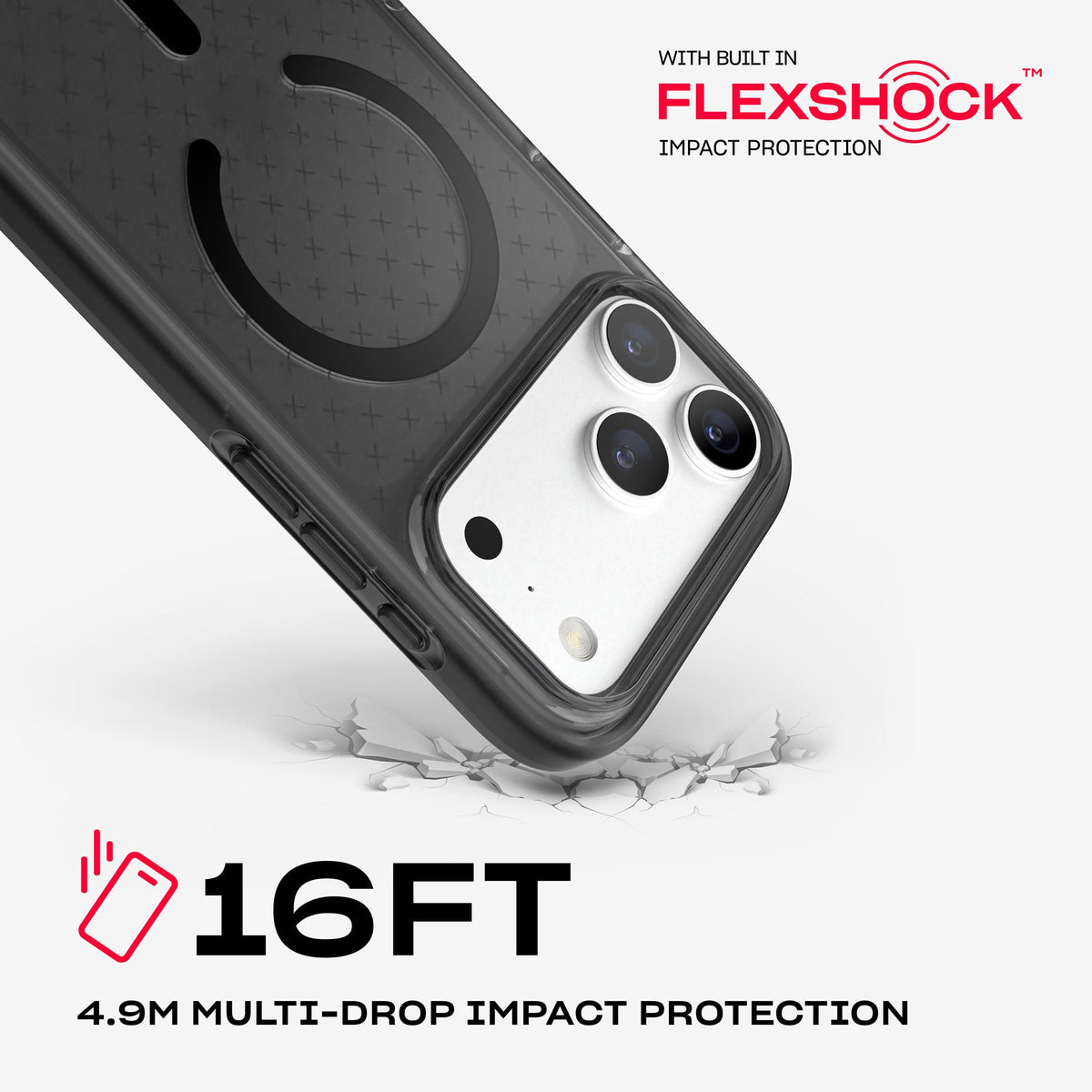 A corner of the case impacts the ground. Text reads 16-foot (4.9 meter) Multi-Drop Impact Protection with built in FlexShock impact protection#color_smokey-black
