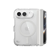 View of the camera side of the phone case from straight on with phone inside, folded at 90 degrees#color_clear