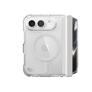 View of the camera side of the phone case from straight on with phone inside, folded at 90 degrees#color_clear
