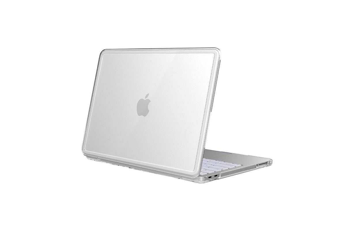 Three quarter view of the back of the MacBook with the laptop open.#color_clear