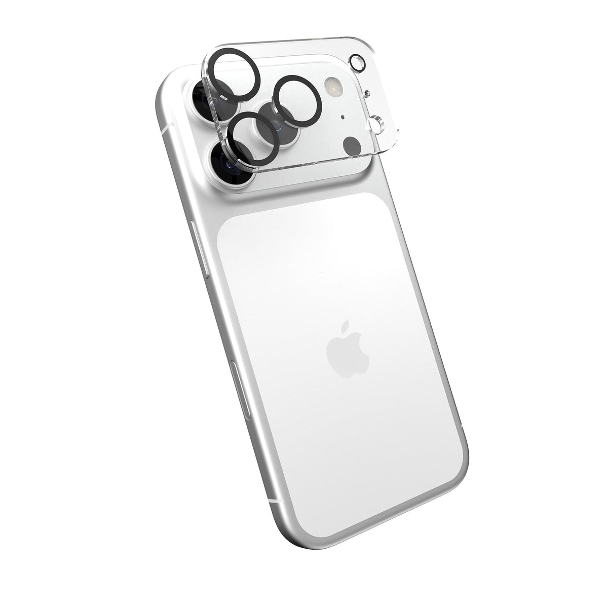 Tilted three-quarter tilted view of back of phone with camera protector hovering above camera area#color_clear