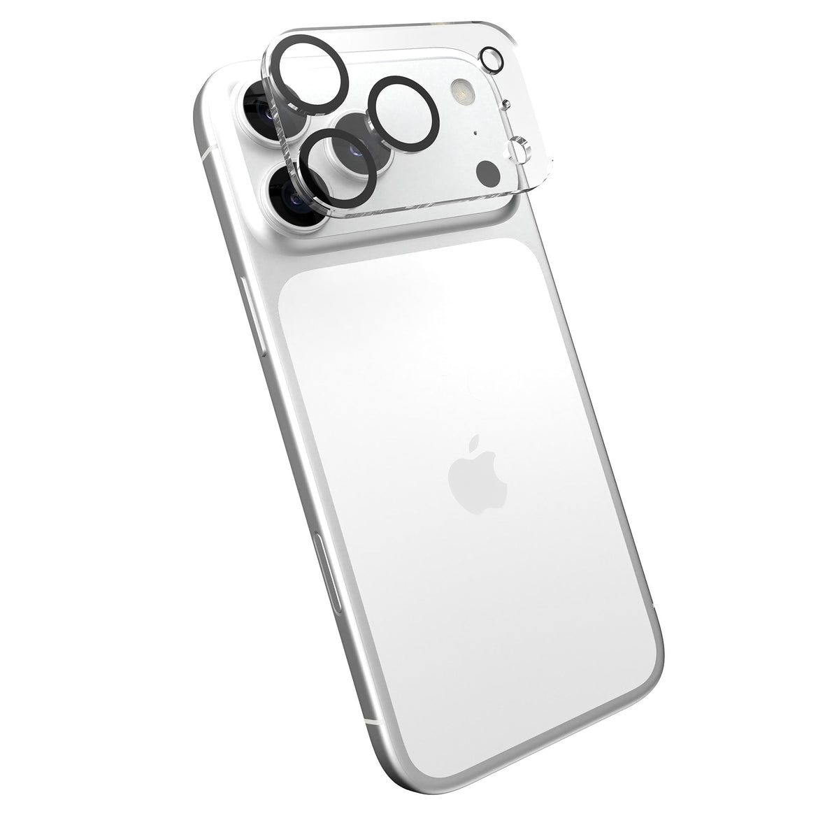 Tilted three-quarter tilted view of back of phone with camera protector hovering above camera area#color_clear