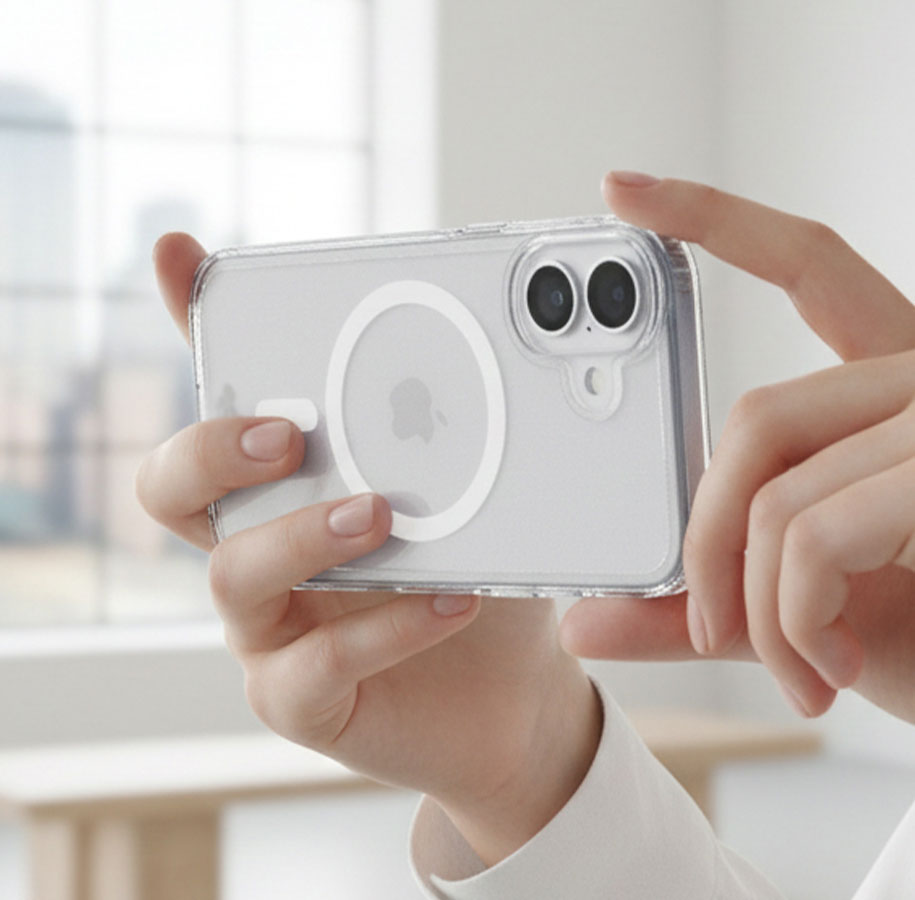 A person holds up an iPhone 17 in an EvoClear MagSafe case by Tech21 as if to take a picture