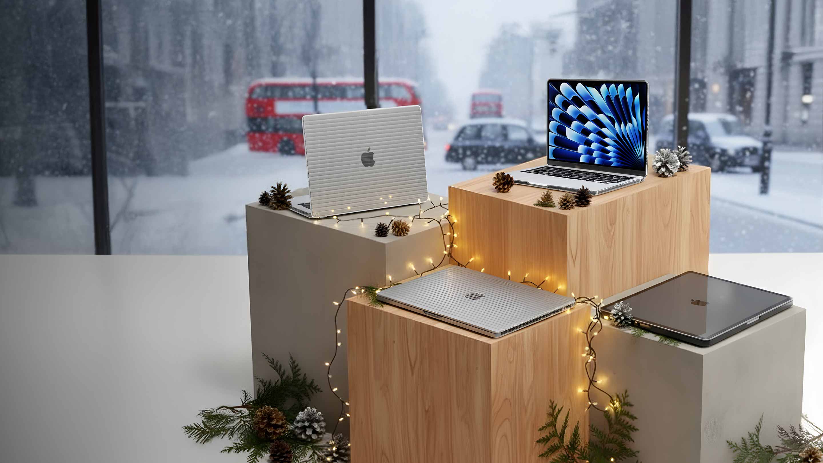 MacBooks in Tech21 cases stand on wood pedestals in a store window looking out to a snowy street
