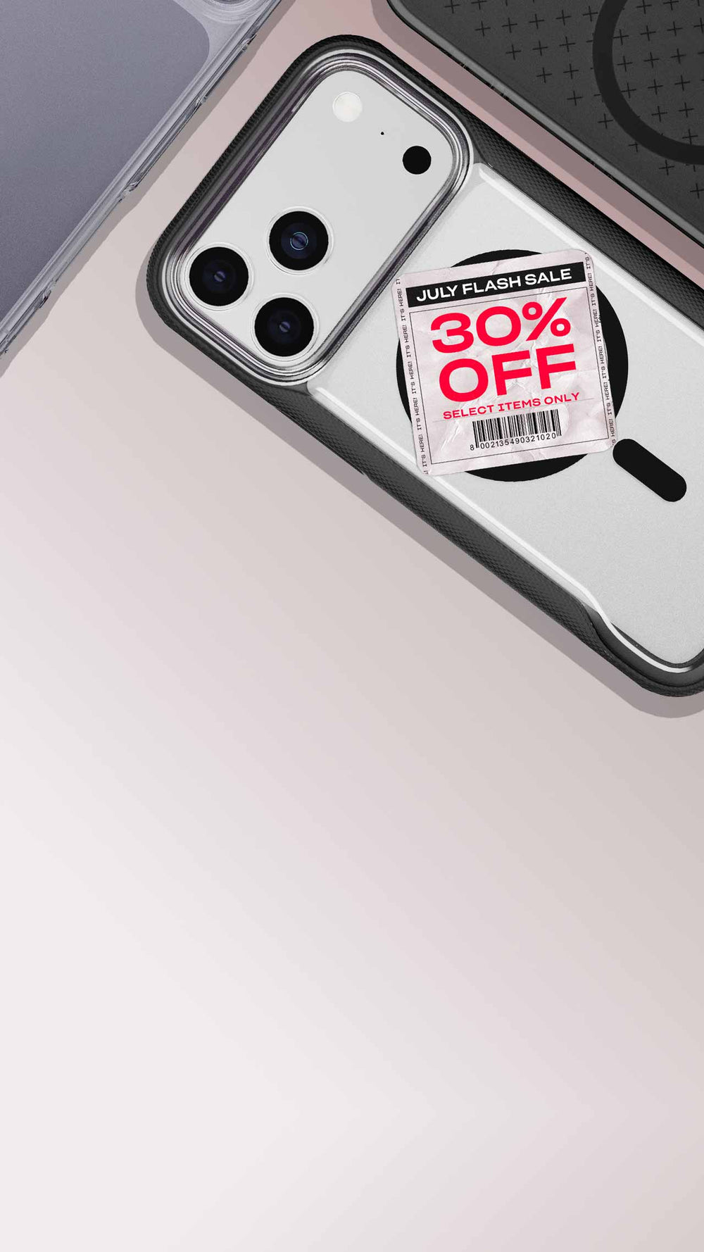 Various iPhones lay face down in Tech21 cases, one with a sticker that reads July Flash Sale - 30% OFF Select Items Only