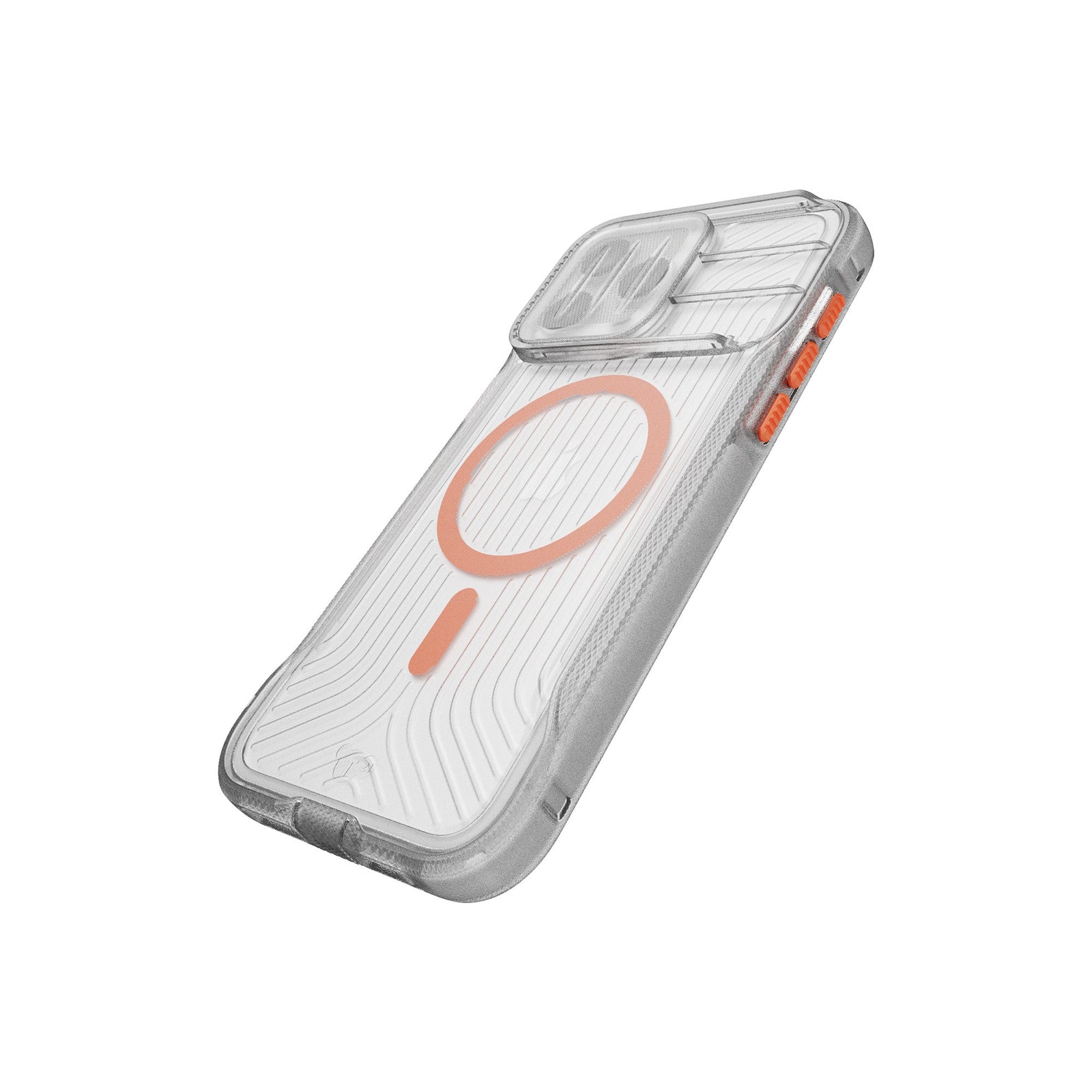 Tilted three-quarter tilted view of back of phone case with phone inside and camera cover closed#color_clear-vivid-orange