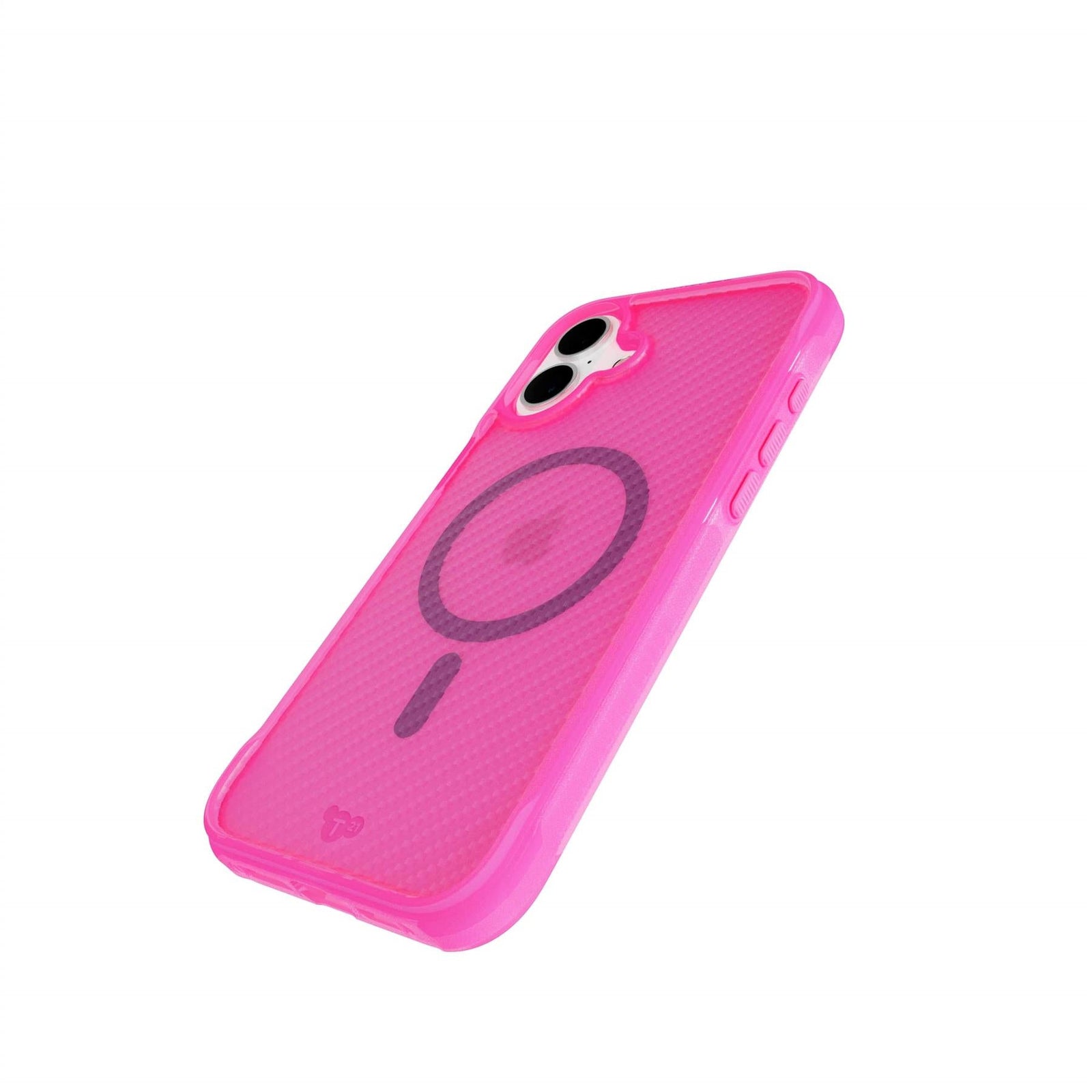 Tilted three-quarter tilted view of back of phone case with phone inside#color_pink tint