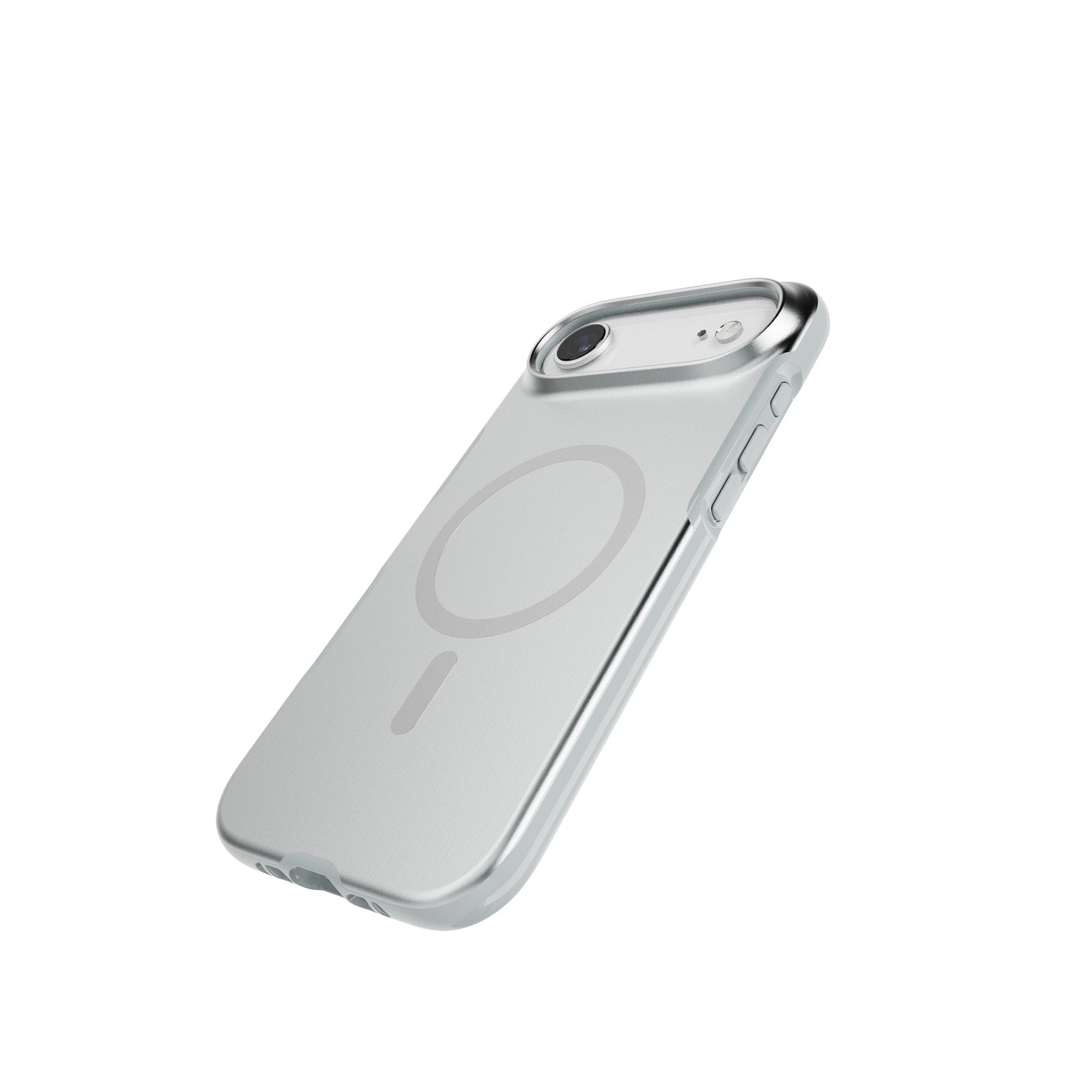 Tilted three-quarter tilted view of back of phone case with phone inside#color_titanium