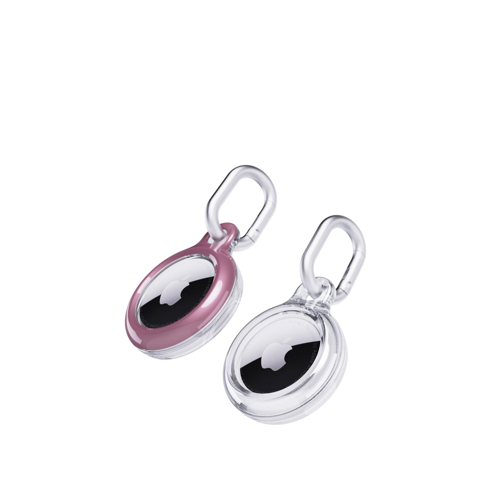 Three-quarter tilted view of front of AirTag cases#color_quartz-pink-and-clear