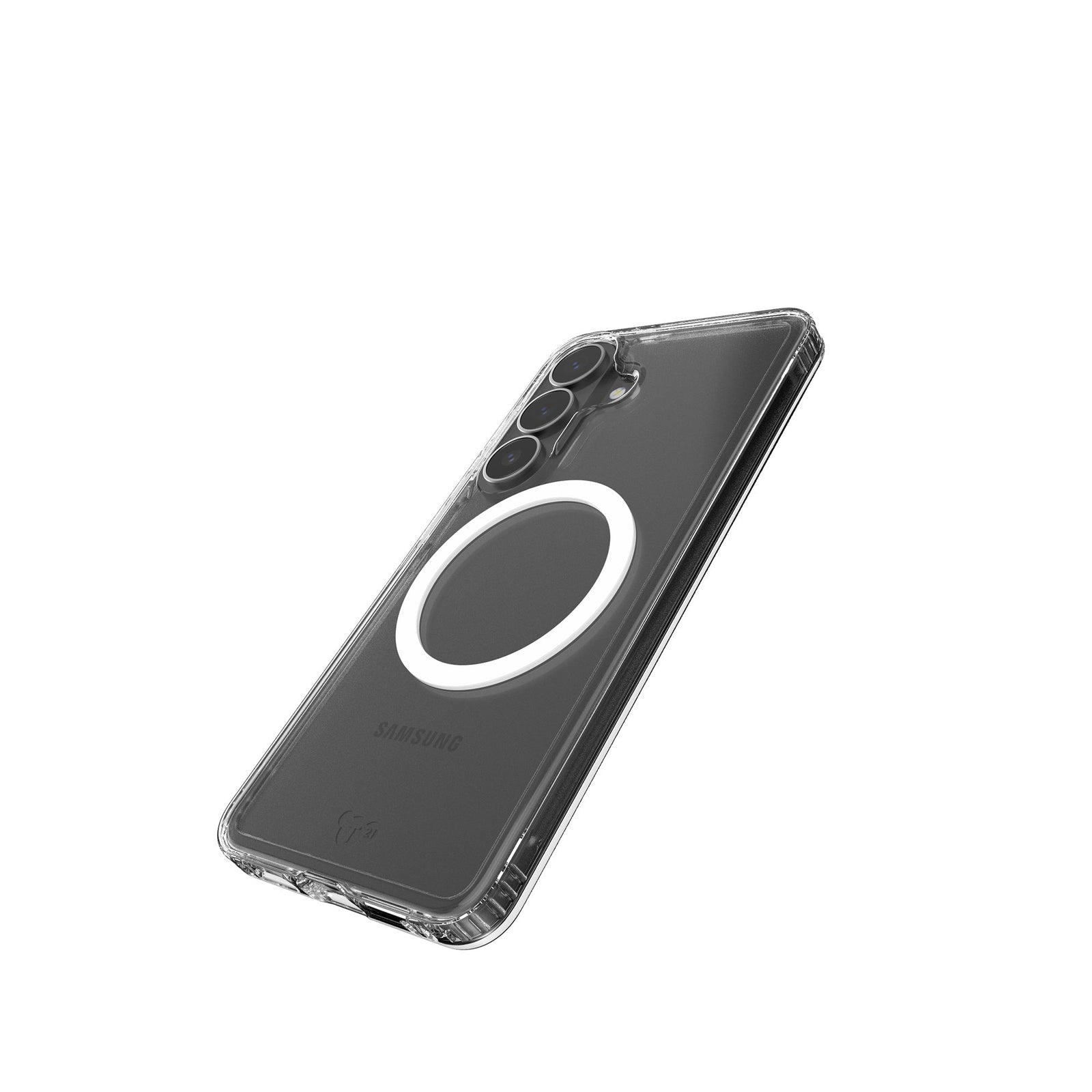 Tilted three-quarter tilted view of back of phone case with phone inside#color_clear