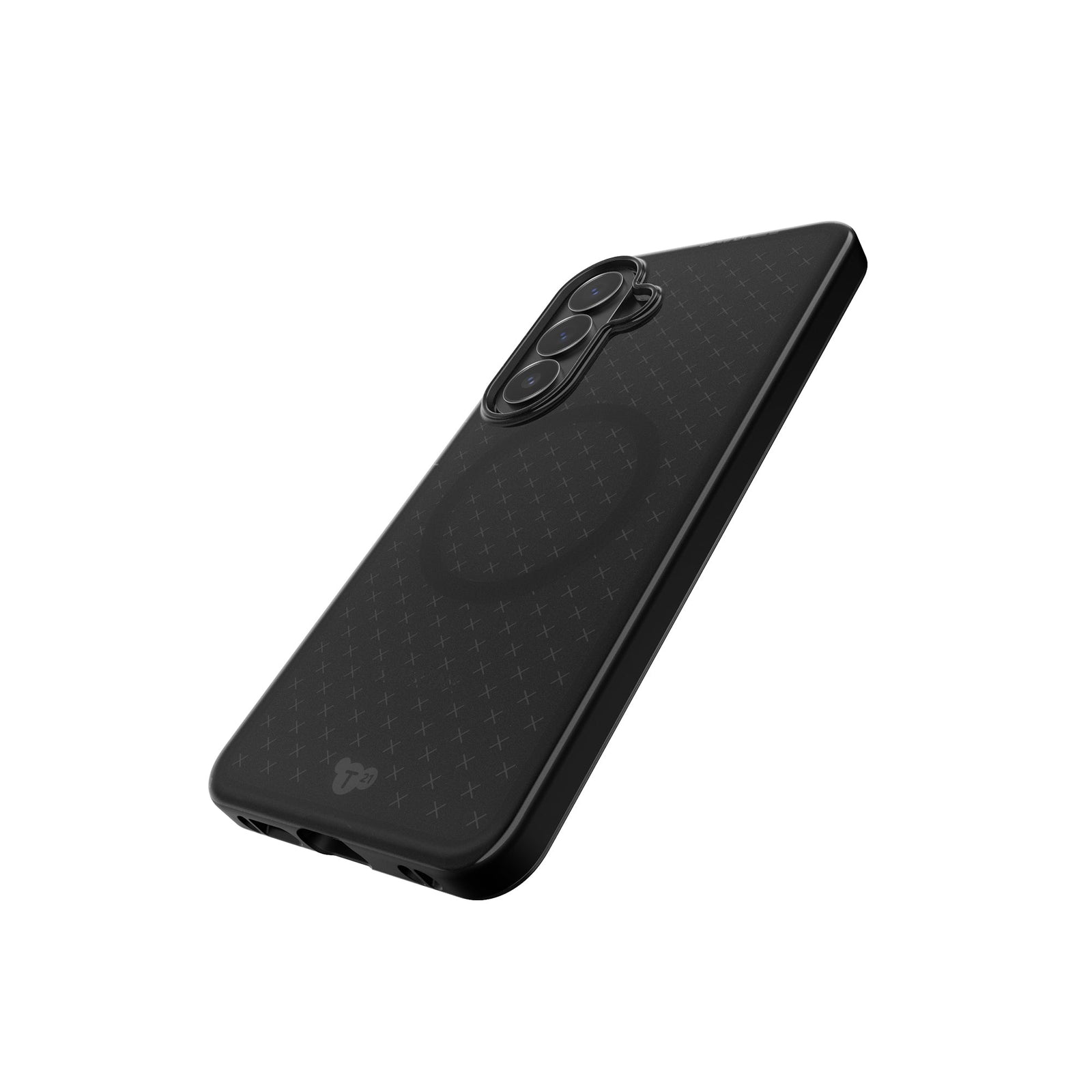 Tilted three-quarter tilted view of back of phone case with phone inside#color_smokey-black