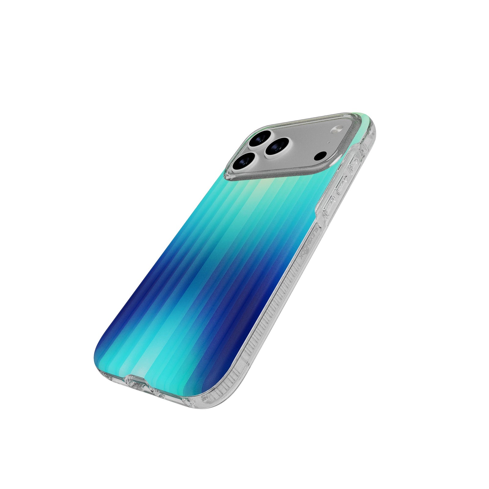 Tilted three-quarter tilted view of back of phone case with phone inside#color_ombre-blue-green