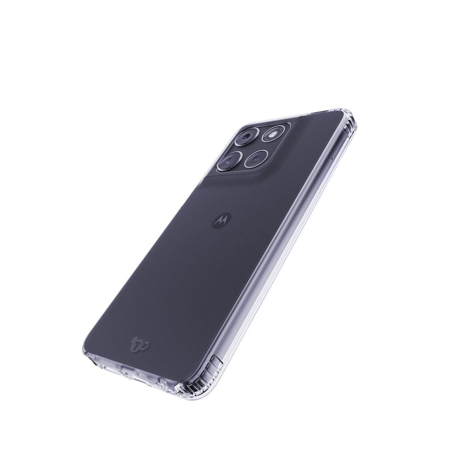 Tilted three-quarter tilted view of back of phone case with phone inside#color_clear