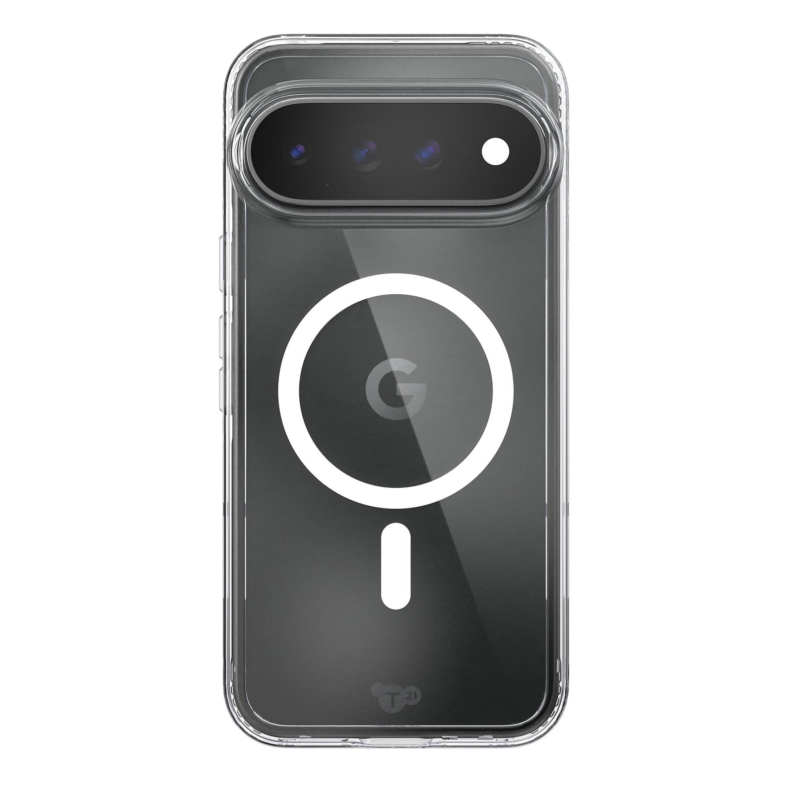 View of the back of the phone case from straight on with phone inside#color_clear