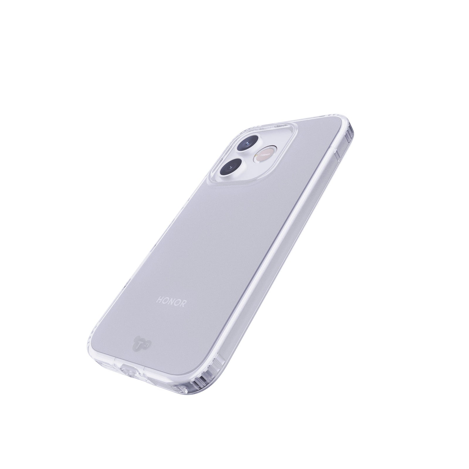 Tilted three-quarter tilted view of back of phone case with phone inside#color_clear