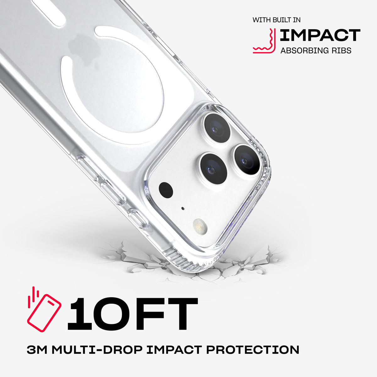 A corner of the case impacts the ground. Text reads 10-foot (3 meter) Multi-Drop Impact Protection with built in impact absorbing ribs#color_clear