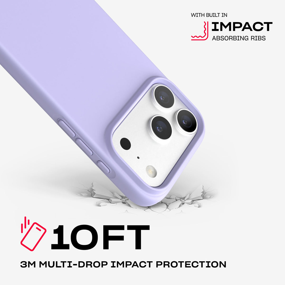 A corner of the case impacts the ground. Text reads 10-foot (3 meter) Multi-Drop Impact Protection with built in impact absorbing ribs#color_lilac