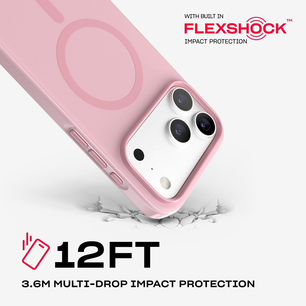 A corner of the case impacts the ground. Text reads 12-foot (3.6 meter) Multi-Drop Impact Protection with built in FlexShock impact protection#color_quiet-blush
