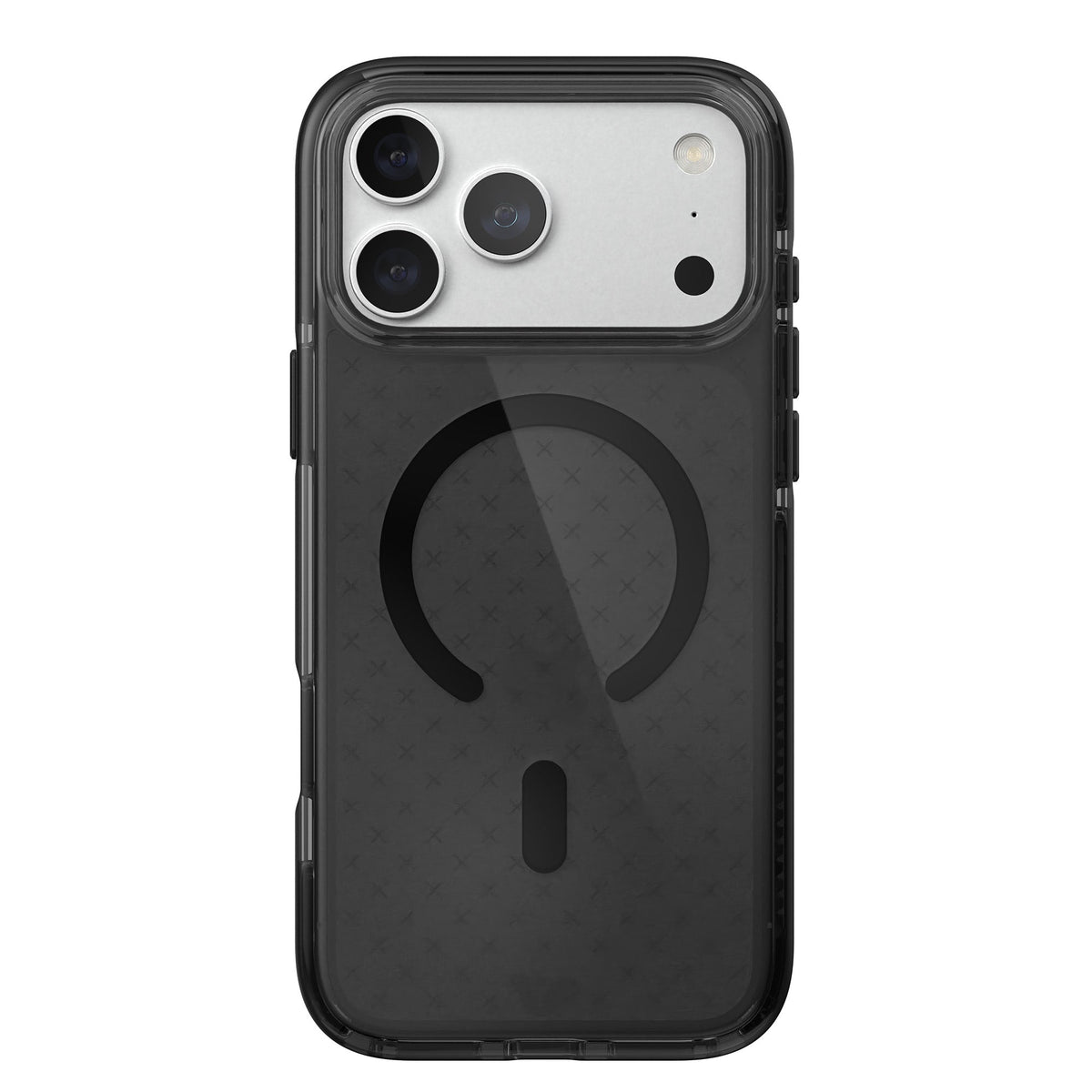View of the back of the phone case from straight on with phone inside#color_smokey-black