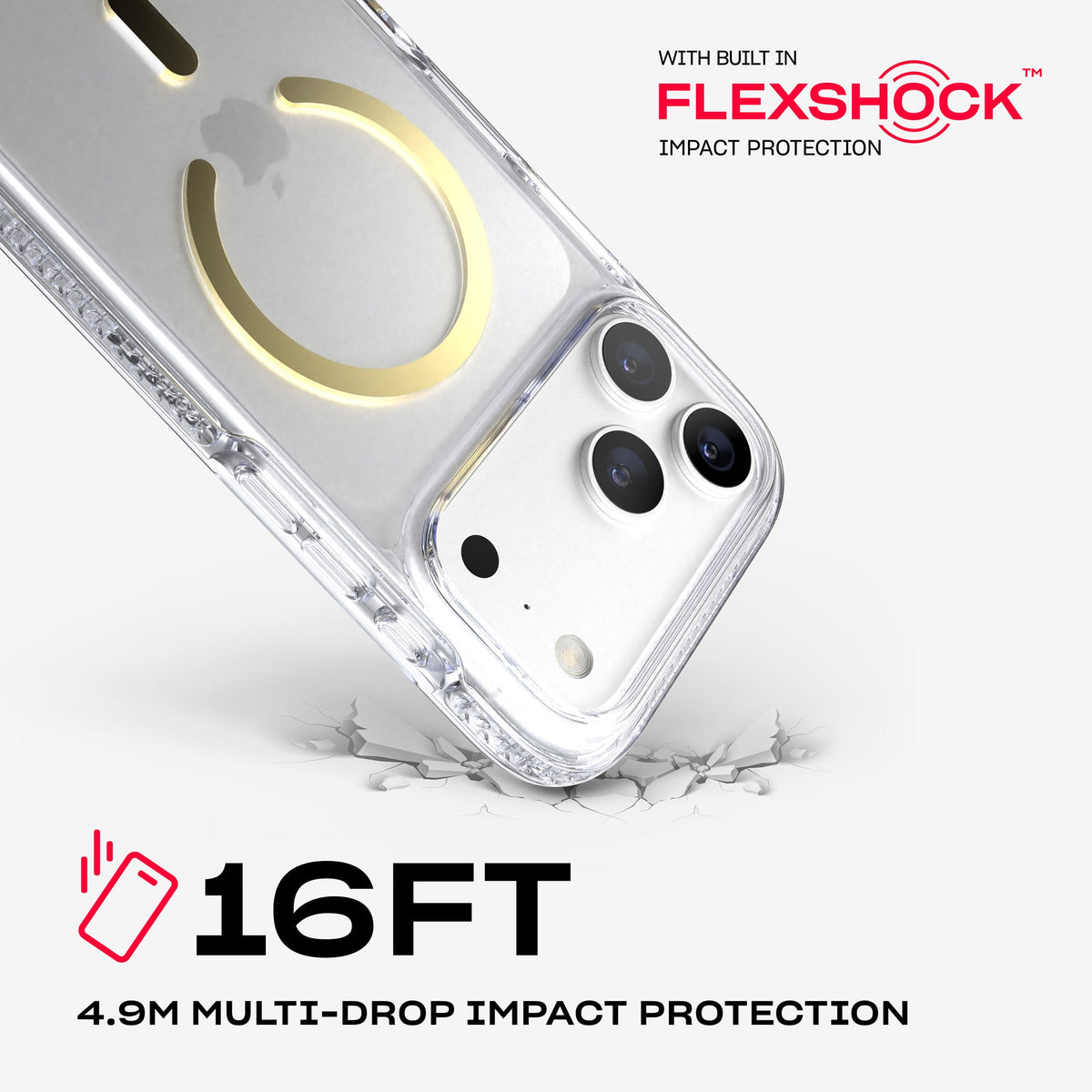 A corner of the case impacts the ground. Text reads 16-foot (4.9 meter) Multi-Drop Impact Protection with built in FlexShock impact protection#color_clear-gold
