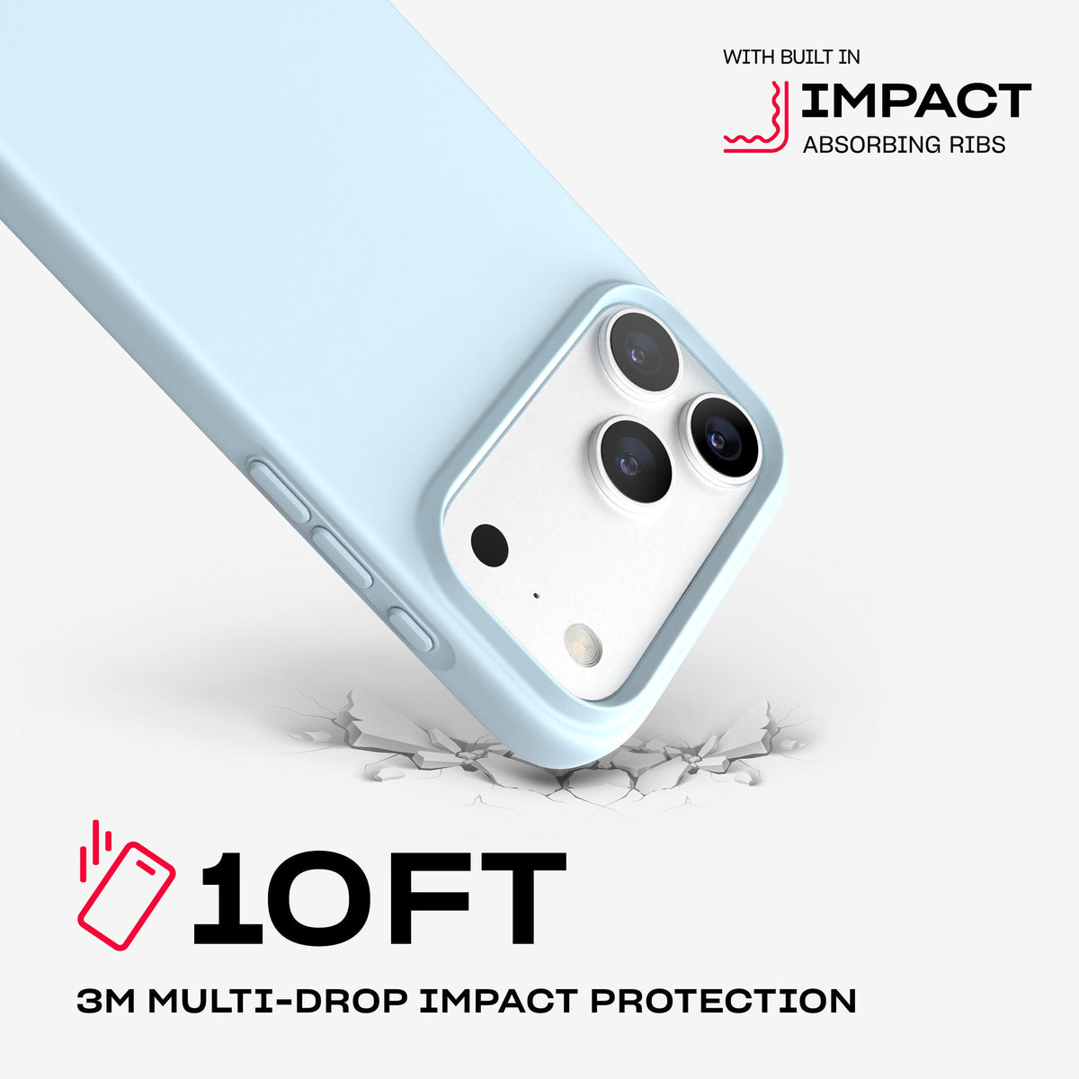 A corner of the case impacts the ground. Text reads 10-foot (3 meter) Multi-Drop Impact Protection with built in impact absorbing ribs#color_cornflower-blue