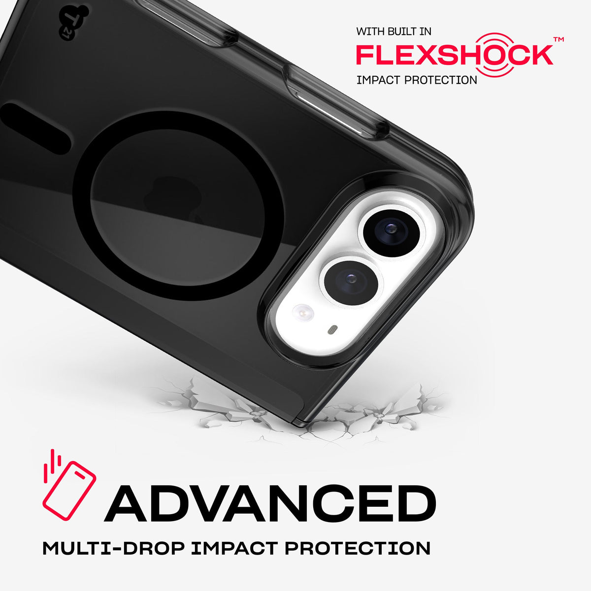 A corner of the case impacts the ground. Text reads Advanced Multi-Drop Impact Protection with built in FlexShock impact protection#color_black-tint