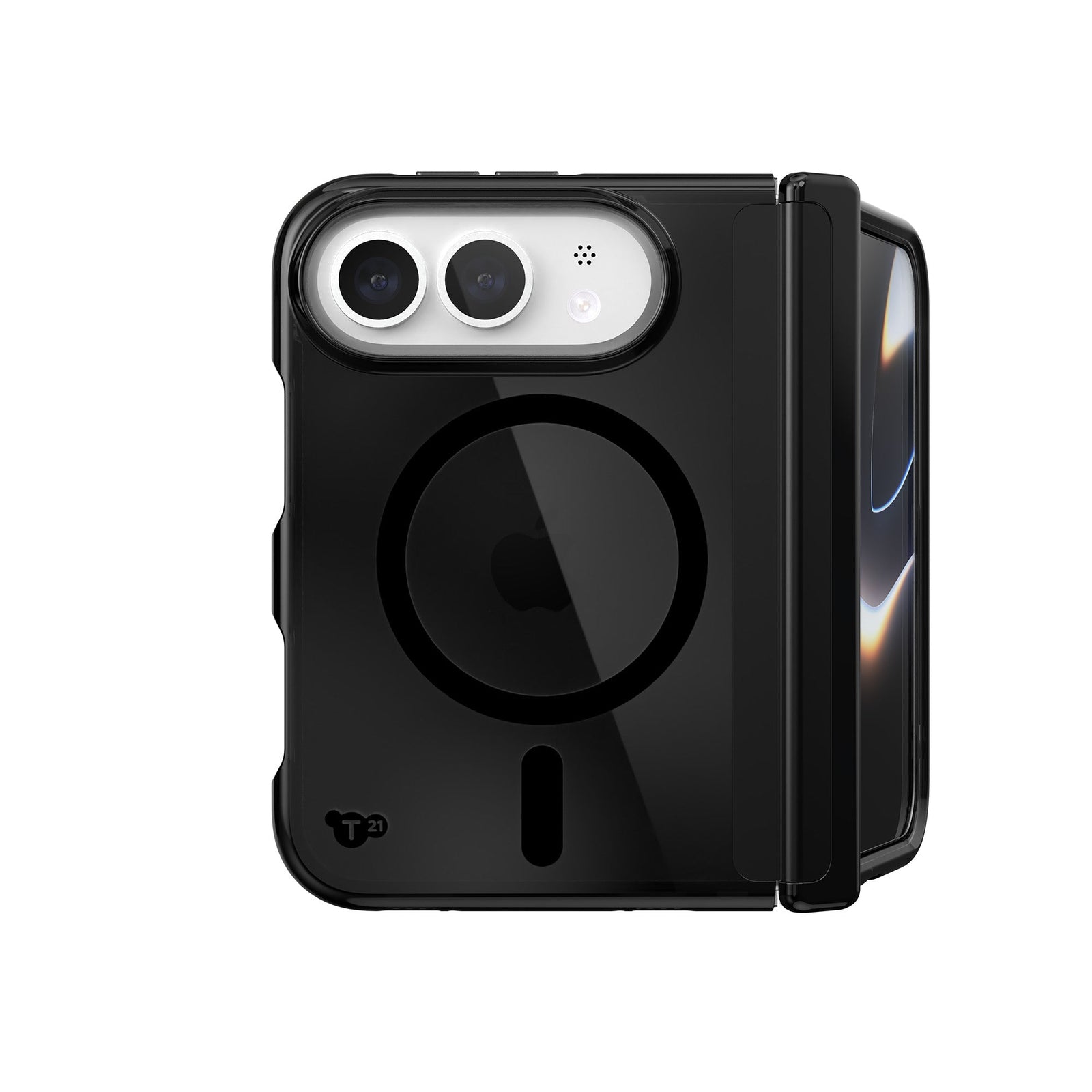 View of the camera side of the phone case from straight on with phone inside, folded at 90 degrees#color_black-tint